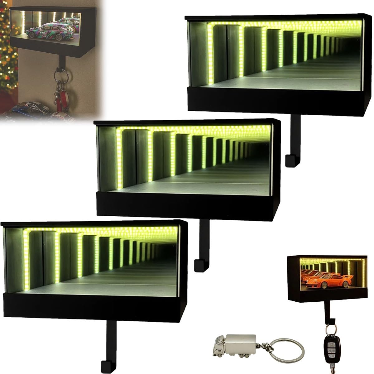 LED Infinity Mirror Display Box – Racing Car Theme Wall Key Holder with Hooks, Decorative Home Organizer (Black)