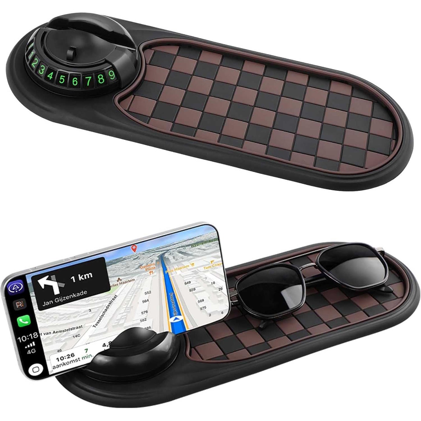 3-in-1 Anti-Slip Car Dashboard Mat – 360° Rotatable Phone Holder with Temporary Parking Number Plate & Multi-Function Storage Pad (Multicolor)