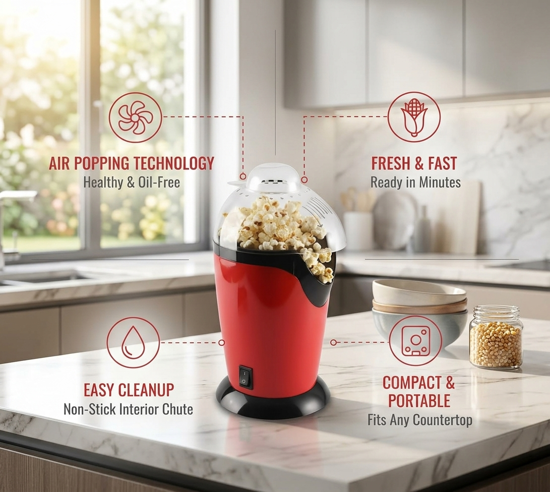 Retro Countertop Hot Air Popcorn Maker Machine – Oil-Free Healthy Popcorn Popper with 10 Classic Movie Theater Paper Buckets (Red & Black)