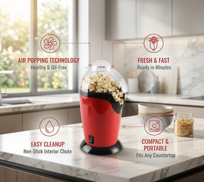 Retro Countertop Hot Air Popcorn Maker Machine – Oil-Free Healthy Popcorn Popper with 10 Classic Movie Theater Paper Buckets (Red & Black)