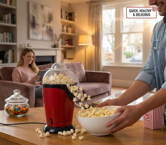 Retro Countertop Hot Air Popcorn Maker Machine – Oil-Free Healthy Popcorn Popper with 10 Classic Movie Theater Paper Buckets (Red & Black)