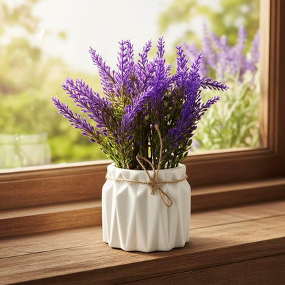 Artificial Lavender Plant with White Pot | Realistic Faux Flower Arrangement for Home, Office & Table Decor