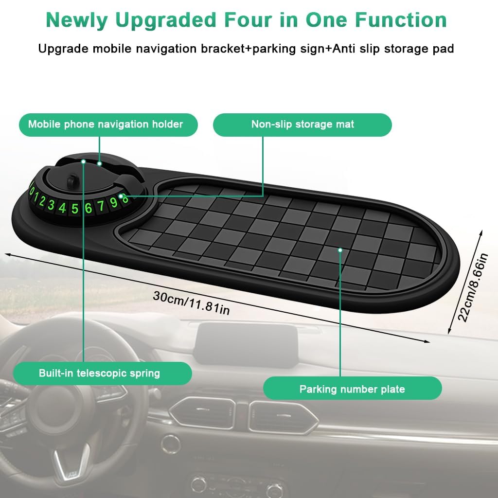 3-in-1 Anti-Slip Car Dashboard Mat – 360° Rotatable Phone Holder with Temporary Parking Number Plate & Multi-Function Storage Pad (Multicolor)