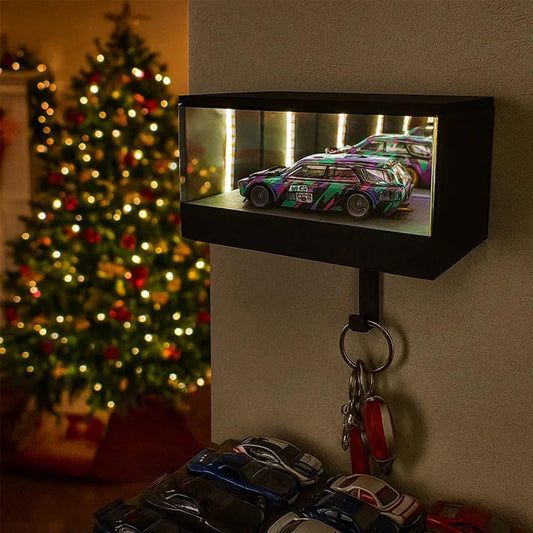 LED Infinity Mirror Display Box – Racing Car Theme Wall Key Holder with Hooks, Decorative Home Organizer (Black)