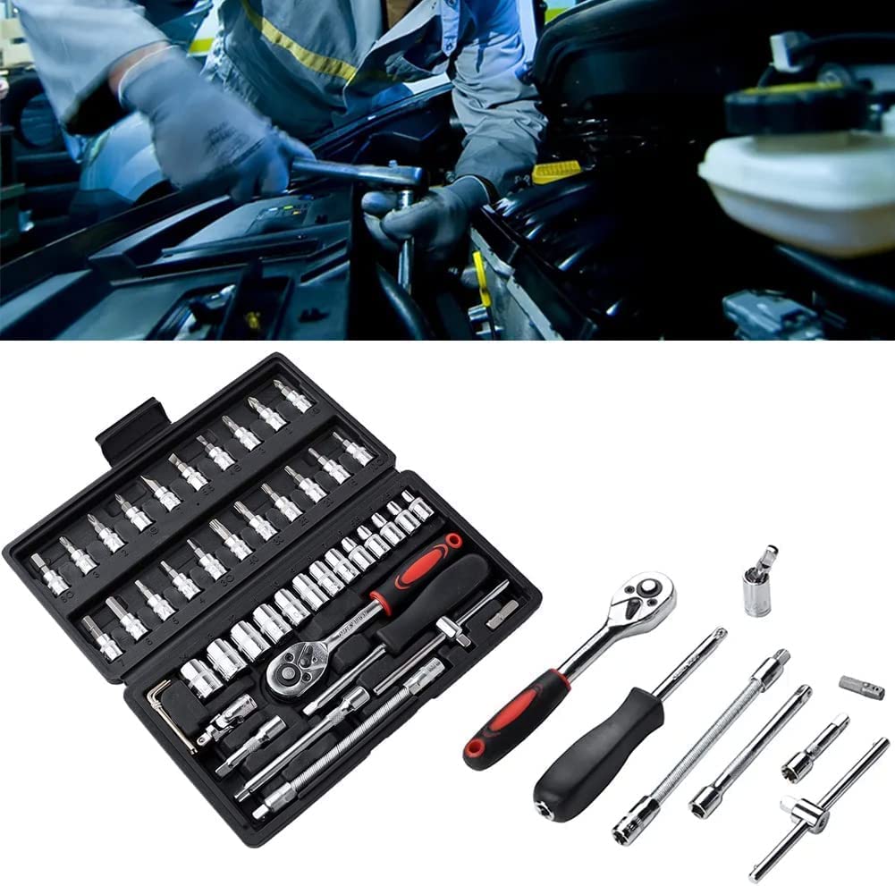 46PCS 1/4 Inch Drive Socket Wrench Set – Metric Ratchet Tool Kit with 4-14mm Cr-V Sockets, S2 Bits & Extension Bars for Household & Auto Repair