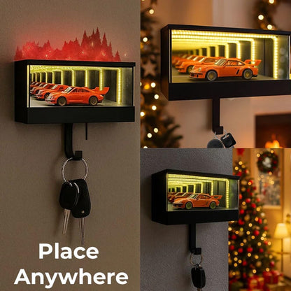 LED Infinity Mirror Display Box – Racing Car Theme Wall Key Holder with Hooks, Decorative Home Organizer (Black)