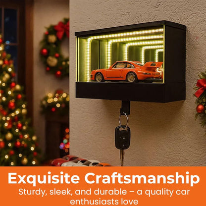 LED Infinity Mirror Display Box – Racing Car Theme Wall Key Holder with Hooks, Decorative Home Organizer (Black)
