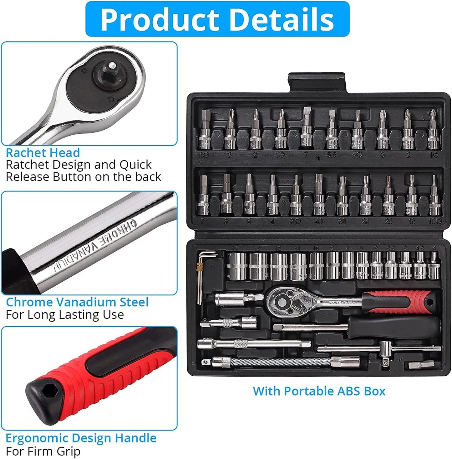 46PCS 1/4 Inch Drive Socket Wrench Set – Metric Ratchet Tool Kit with 4-14mm Cr-V Sockets, S2 Bits & Extension Bars for Household & Auto Repair