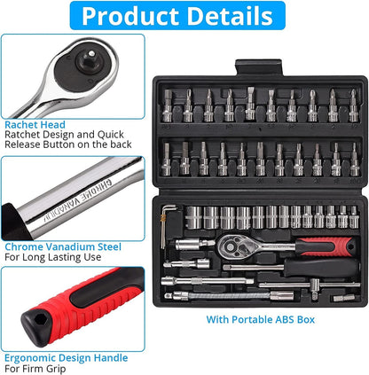 46PCS 1/4 Inch Drive Socket Wrench Set – Metric Ratchet Tool Kit with 4-14mm Cr-V Sockets, S2 Bits & Extension Bars for Household & Auto Repair