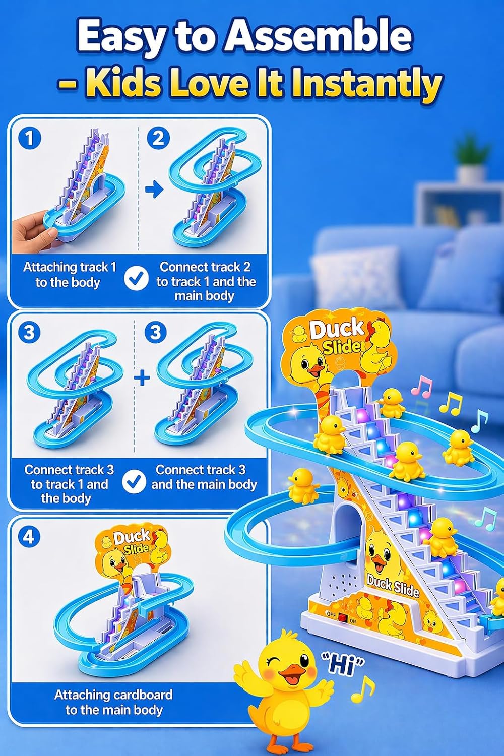Duck Slide Track Toy Set with Lights & Music | Automatic Stair-Climbing Ducklings Race Track Playset | Fun Educational Toy for Kids