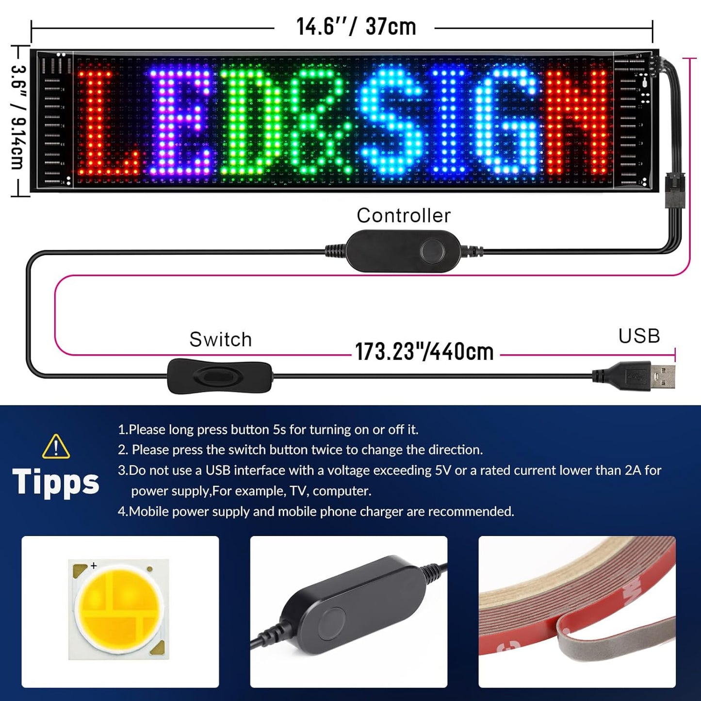LED Matrix Panel 16×64 Pixel RGB Display Board – Portable Full Color Scrolling LED Sign with Text, Animation, Graffiti & Music Mode (14.6×3.6 Inch)