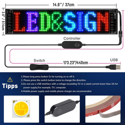 LED Matrix Panel 16×64 Pixel RGB Display Board – Portable Full Color Scrolling LED Sign with Text, Animation, Graffiti & Music Mode (14.6×3.6 Inch)