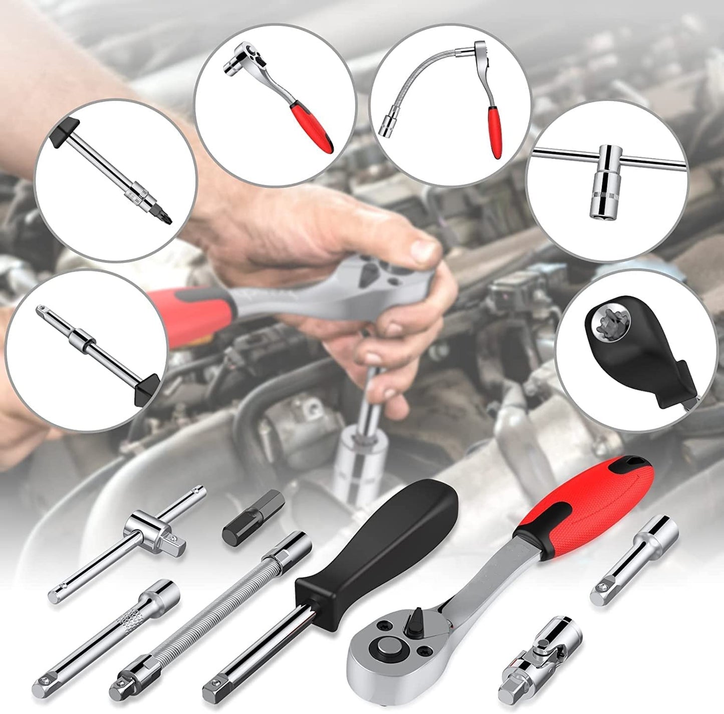 46PCS 1/4 Inch Drive Socket Wrench Set – Metric Ratchet Tool Kit with 4-14mm Cr-V Sockets, S2 Bits & Extension Bars for Household & Auto Repair