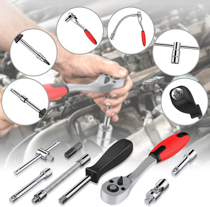 46PCS 1/4 Inch Drive Socket Wrench Set – Metric Ratchet Tool Kit with 4-14mm Cr-V Sockets, S2 Bits & Extension Bars for Household & Auto Repair