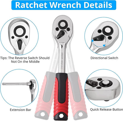 46PCS 1/4 Inch Drive Socket Wrench Set – Metric Ratchet Tool Kit with 4-14mm Cr-V Sockets, S2 Bits & Extension Bars for Household & Auto Repair