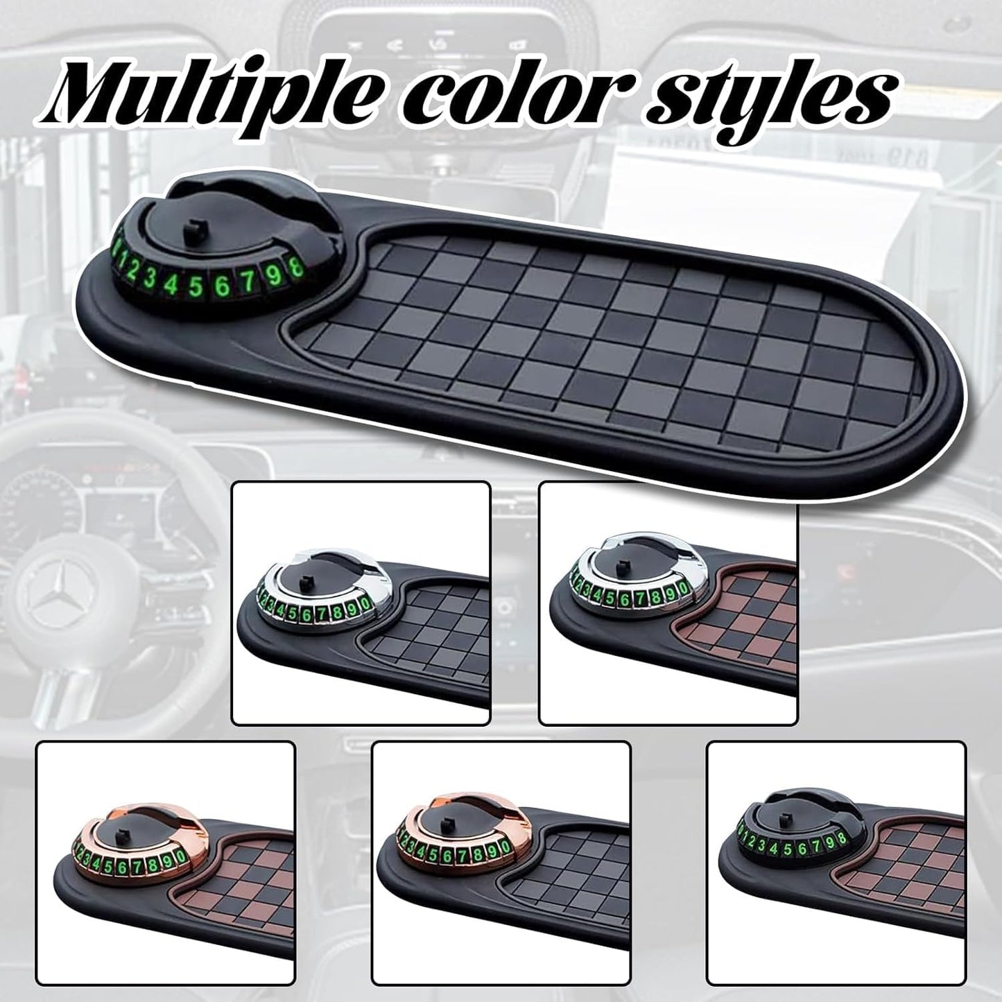 3-in-1 Anti-Slip Car Dashboard Mat – 360° Rotatable Phone Holder with Temporary Parking Number Plate & Multi-Function Storage Pad (Multicolor)