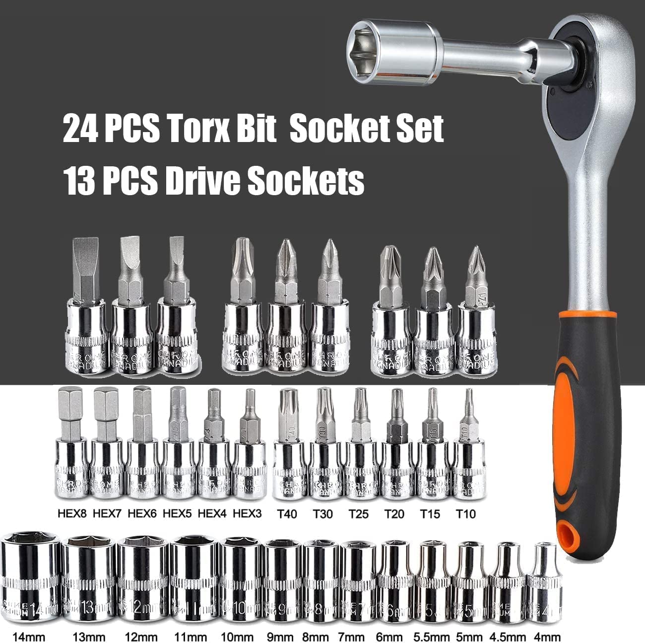 46PCS 1/4 Inch Drive Socket Wrench Set – Metric Ratchet Tool Kit with 4-14mm Cr-V Sockets, S2 Bits & Extension Bars for Household & Auto Repair