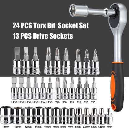 46PCS 1/4 Inch Drive Socket Wrench Set – Metric Ratchet Tool Kit with 4-14mm Cr-V Sockets, S2 Bits & Extension Bars for Household & Auto Repair