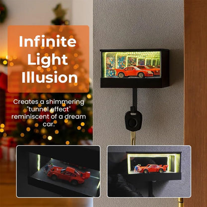 LED Infinity Mirror Display Box – Racing Car Theme Wall Key Holder with Hooks, Decorative Home Organizer (Black)