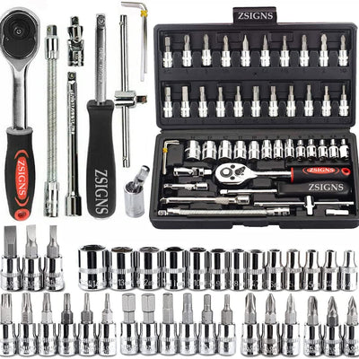 46PCS 1/4 Inch Drive Socket Wrench Set – Metric Ratchet Tool Kit with 4-14mm Cr-V Sockets, S2 Bits & Extension Bars for Household & Auto Repair