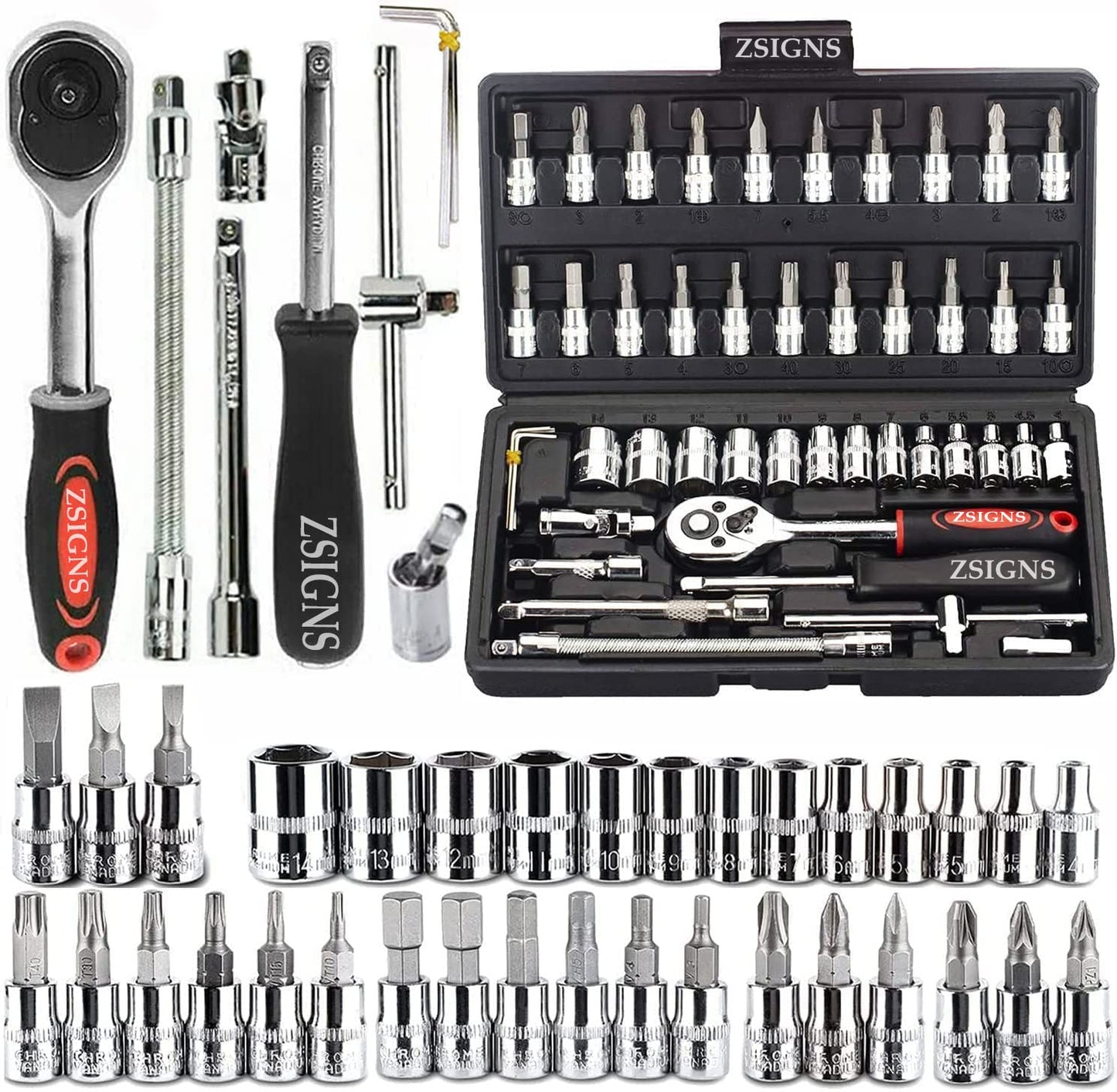 46PCS 1/4 Inch Drive Socket Wrench Set – Metric Ratchet Tool Kit with 4-14mm Cr-V Sockets, S2 Bits & Extension Bars for Household & Auto Repair