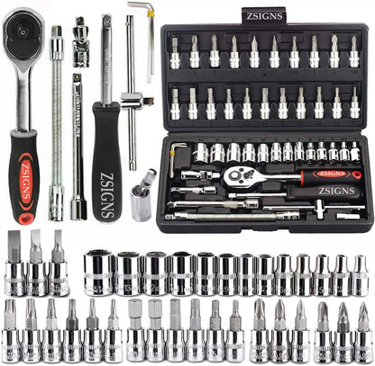 46PCS 1/4 Inch Drive Socket Wrench Set – Metric Ratchet Tool Kit with 4-14mm Cr-V Sockets, S2 Bits & Extension Bars for Household & Auto Repair