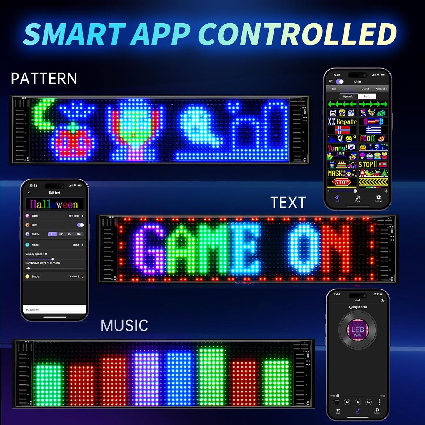 LED Matrix Panel 16×64 Pixel RGB Display Board – Portable Full Color Scrolling LED Sign with Text, Animation, Graffiti & Music Mode (14.6×3.6 Inch)