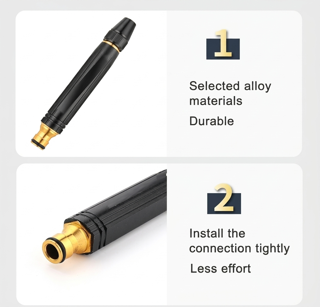 High-Pressure P Water Spray Gun Nozzle – Adjustable Twist Hose Nozzle for Car Washing, Bike Cleaning, and Garden Watering (Heavy Duty, Black & Gold)